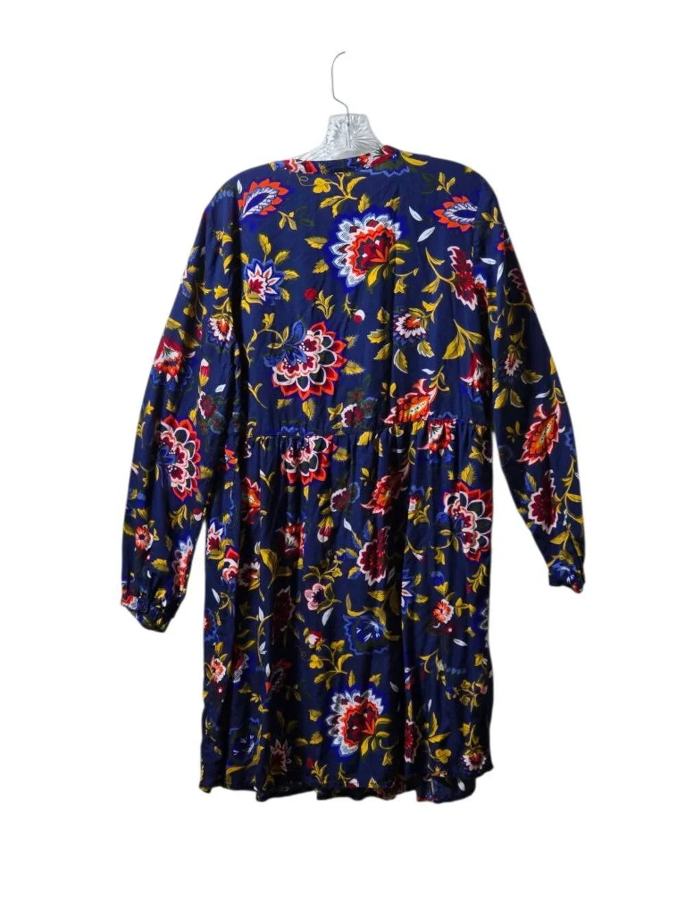 Old Navy Floral Boho Peasant Dress L Tall Blue Red Long Sleeve Pintuck Tie Neck